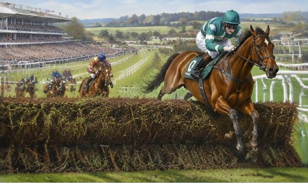 Illustrative racing scene for Bowl Chase — over fences