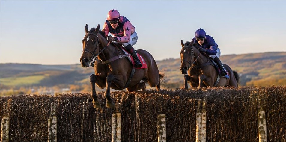 Illustrative racing scene for Mares' Chase — over fences